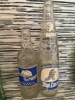 Vintage 1950s - 1960s Glass Suncrest Soda Bottles - Clear Glass with Blue Labels